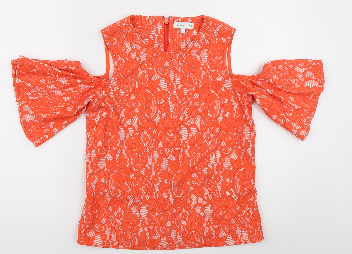 Warehouse Womens Orange Geometric Cotton Basic Blouse Size 8 Crew Neck - cold shoudler
