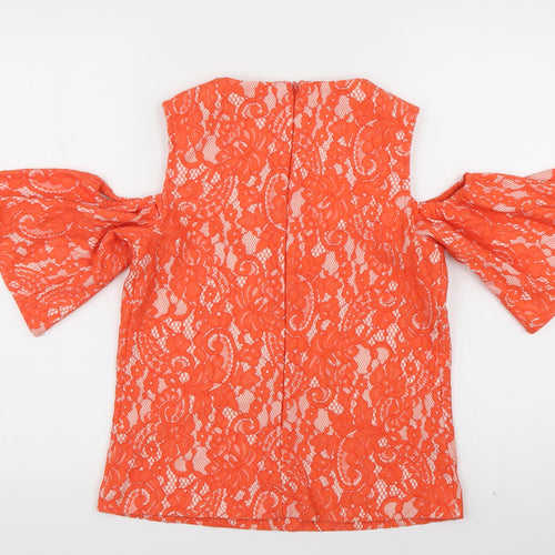 Warehouse Womens Orange Geometric Cotton Basic Blouse Size 8 Crew Neck - cold shoudler
