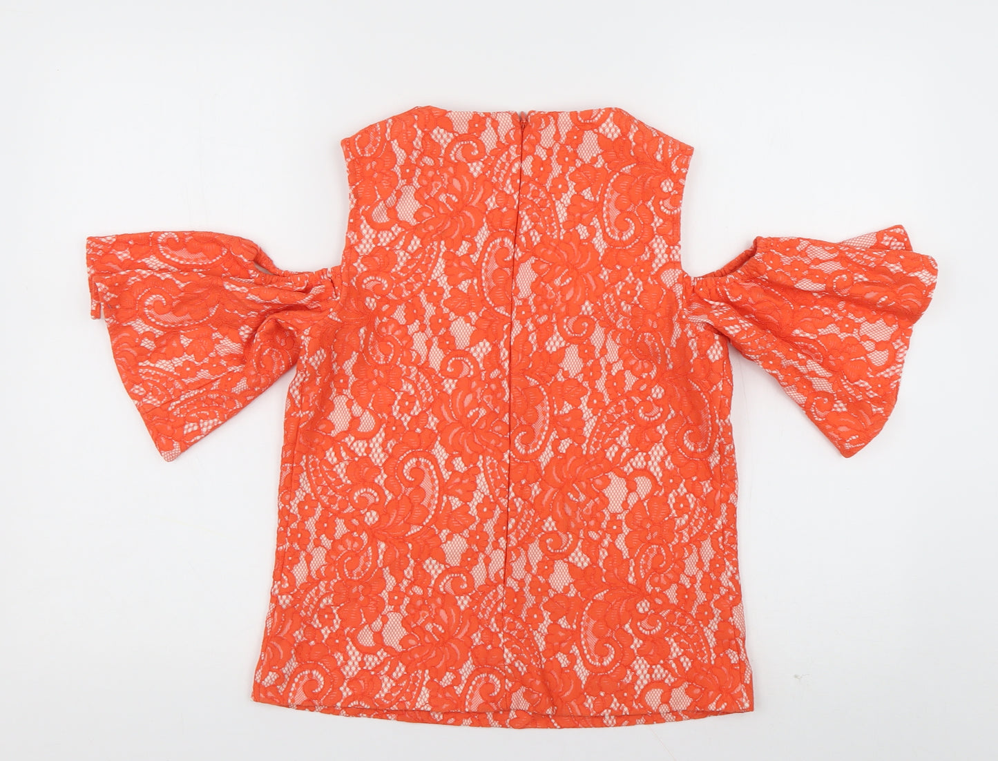 Warehouse Womens Orange Geometric Cotton Basic Blouse Size 8 Crew Neck - cold shoudler