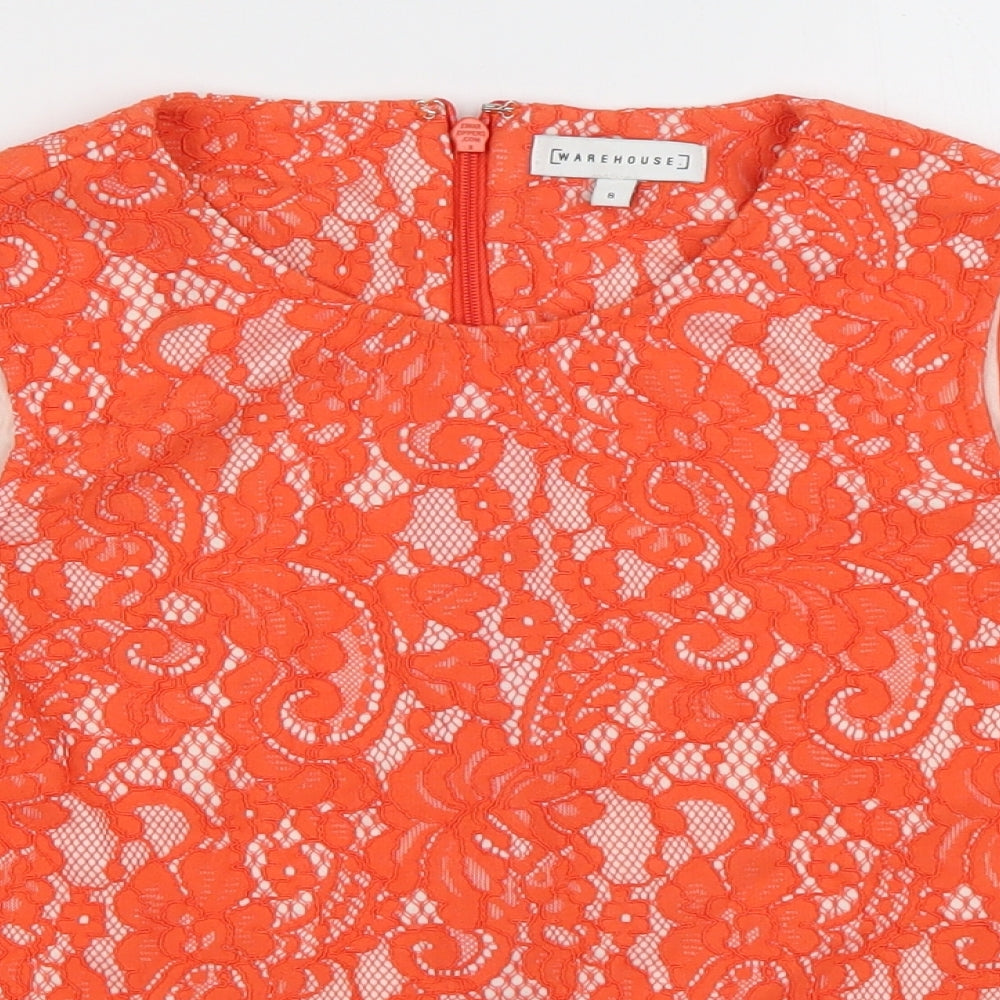 Warehouse Womens Orange Geometric Cotton Basic Blouse Size 8 Crew Neck - cold shoudler