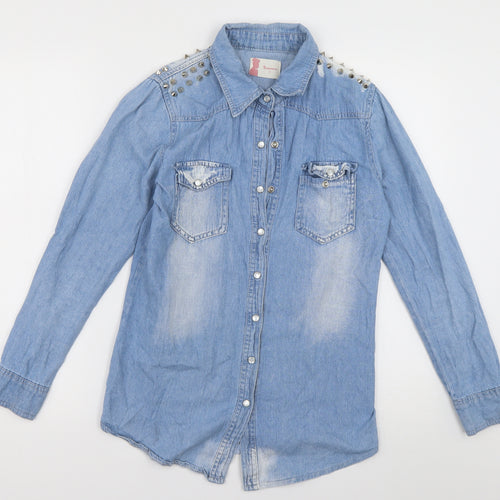 jovonista Womens Blue  Cotton Basic Button-Up Size 8 Collared