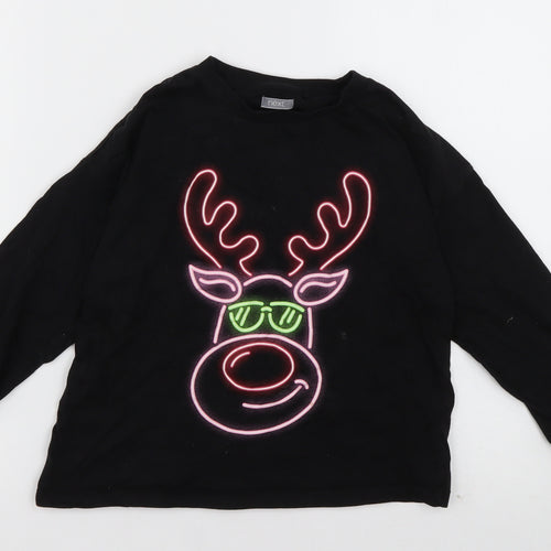 NEXT Girls Black  Cotton Basic Casual Size 7 Years Crew Neck Pullover - Reindeer