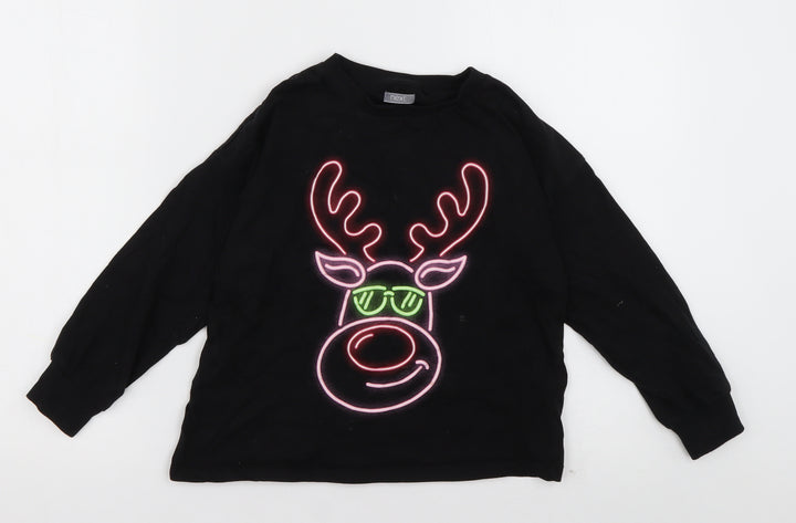 NEXT Girls Black  Cotton Basic Casual Size 7 Years Crew Neck Pullover - Reindeer