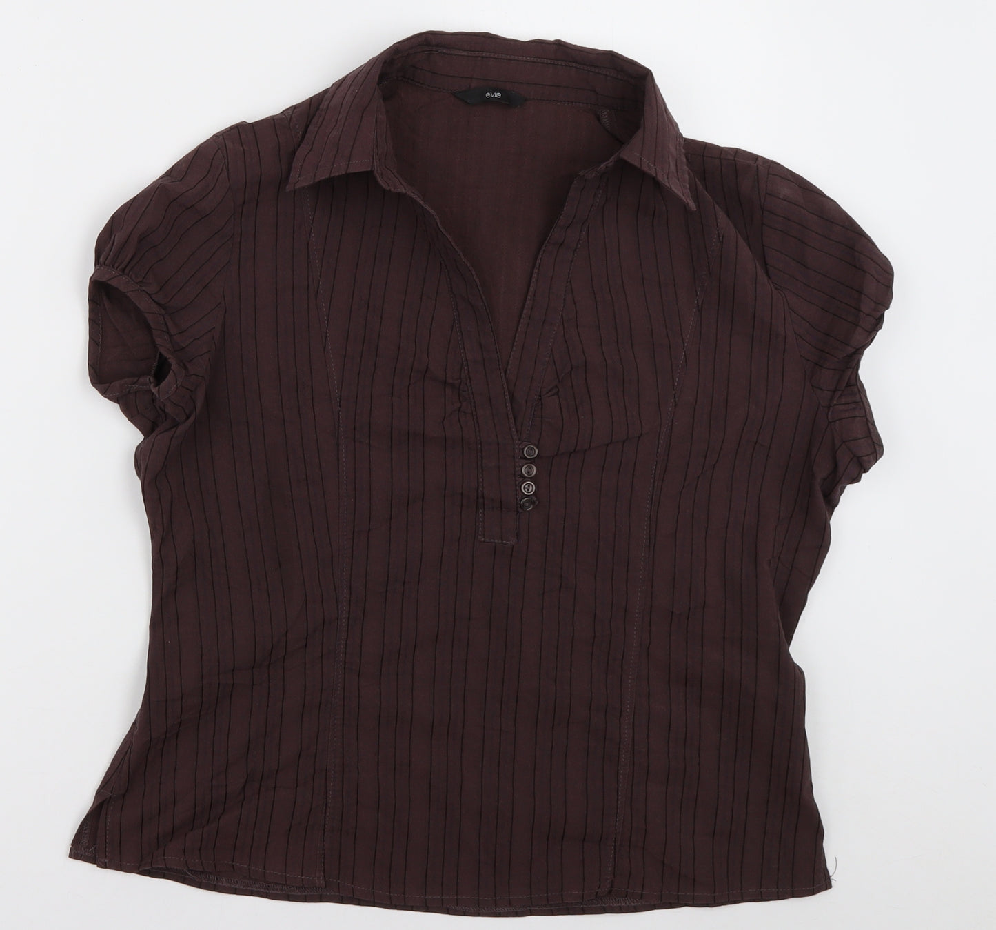 evie Womens Brown Striped Cotton Basic Polo Size 14 V-Neck
