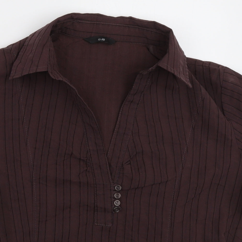 evie Womens Brown Striped Cotton Basic Polo Size 14 V-Neck