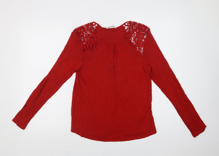 H&M Womens Red  Viscose Basic Blouse Size M Crew Neck - Lace Detail