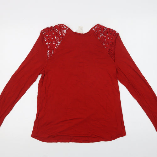 H&M Womens Red  Viscose Basic Blouse Size M Crew Neck - Lace Detail