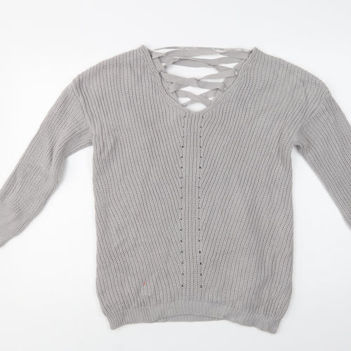 Primark Womens Grey V-Neck  Acrylic Pullover Jumper Size 8