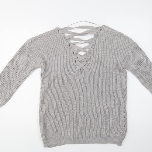 Primark Womens Grey V-Neck  Acrylic Pullover Jumper Size 8