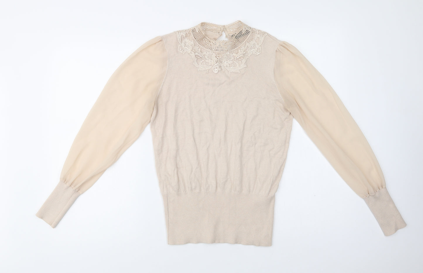 Oasis Womens Beige Collared  Cotton Pullover Jumper Size S   - Lace Detail
