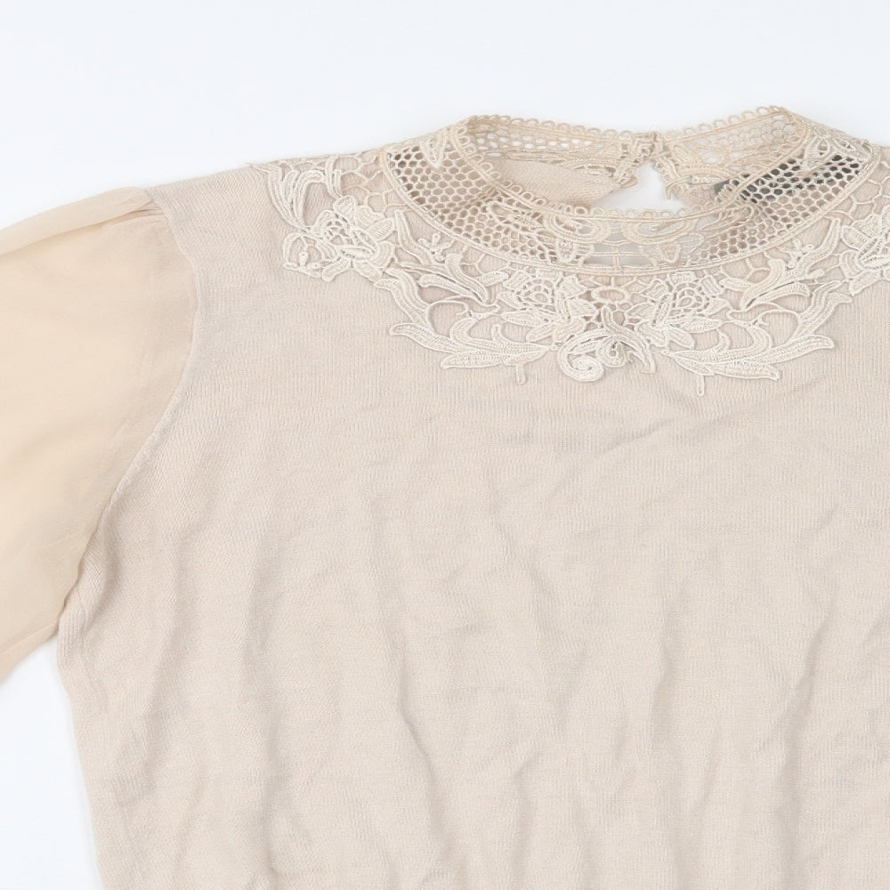 Oasis Womens Beige Collared  Cotton Pullover Jumper Size S   - Lace Detail