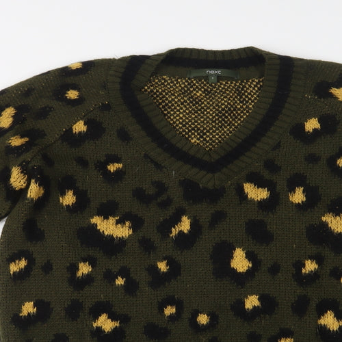 NEXT Womens Green V-Neck Animal Print Acrylic Tunic Jumper Size 8