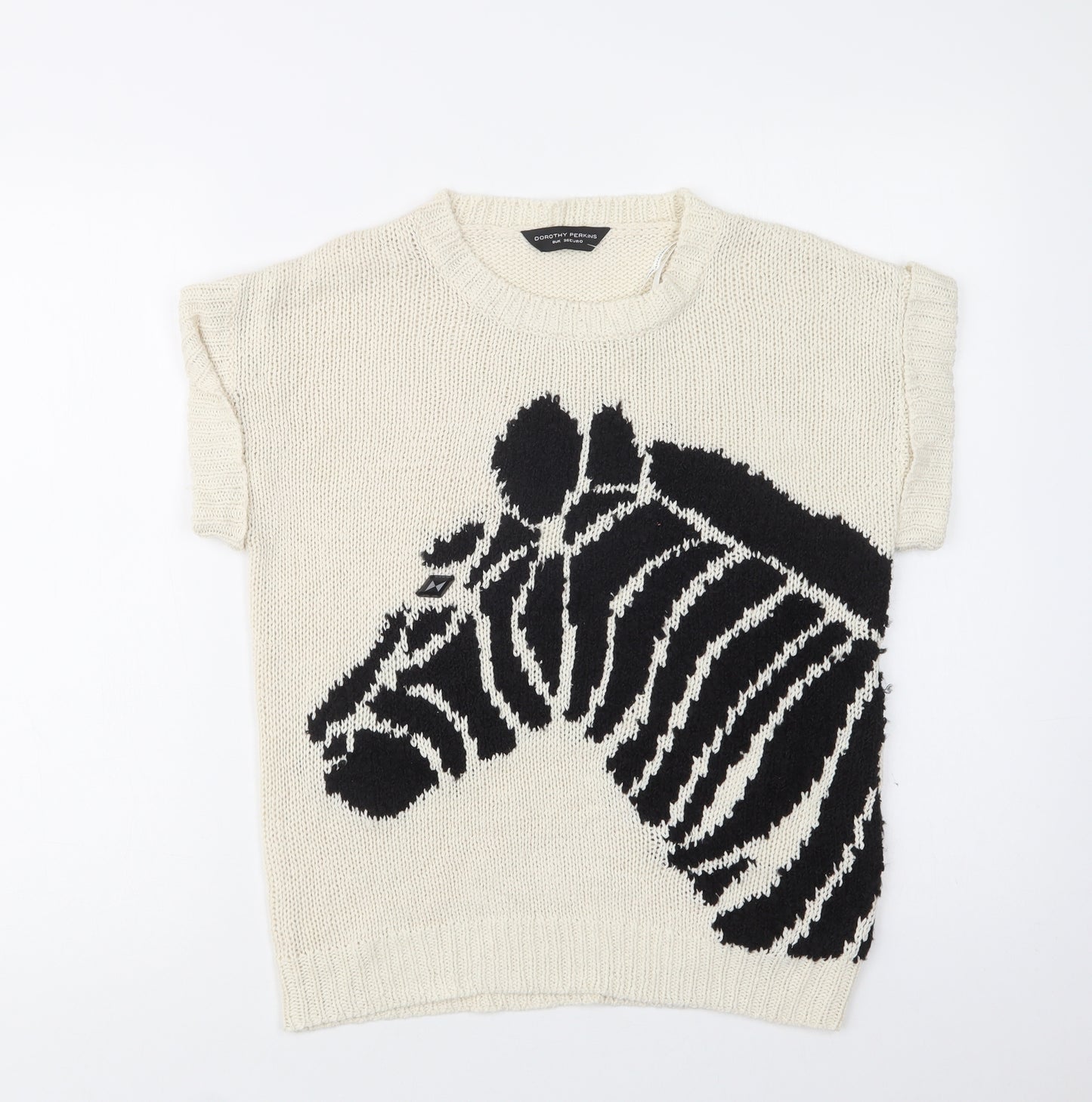 Dorothy Perkins Womens Ivory Crew Neck Geometric Acrylic Pullover Jumper Size 8   - Zebra
