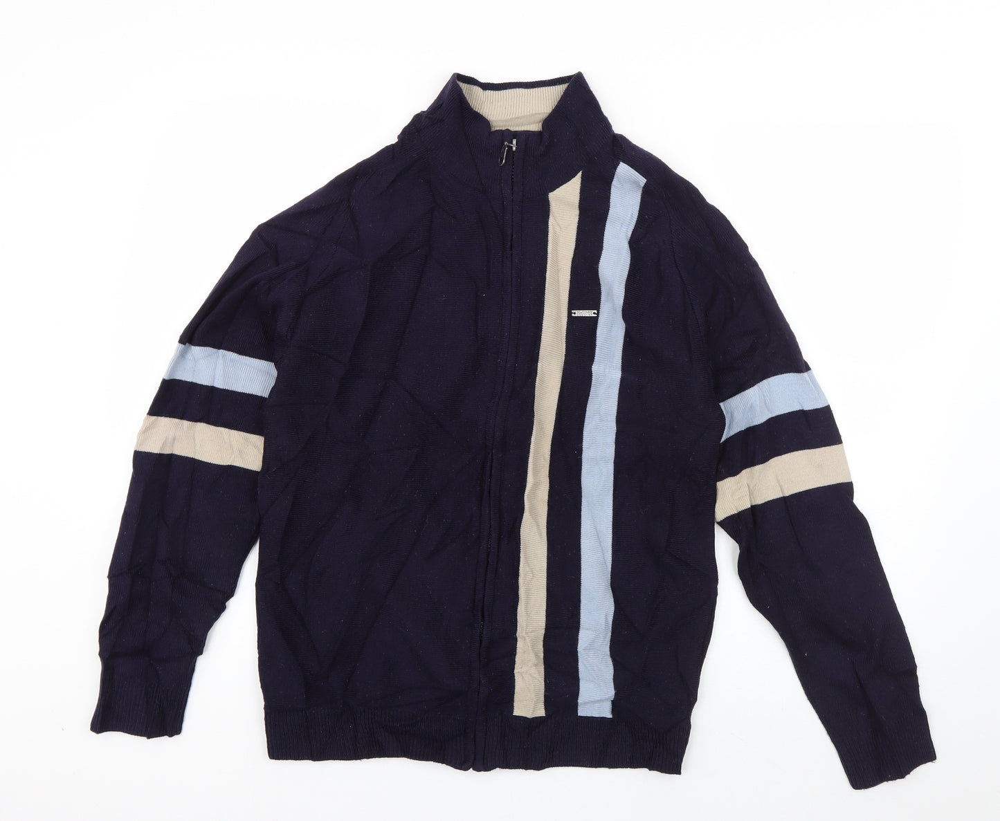 Matinee Mens Blue High Neck Striped Acrylic Full Zip Jumper Size M