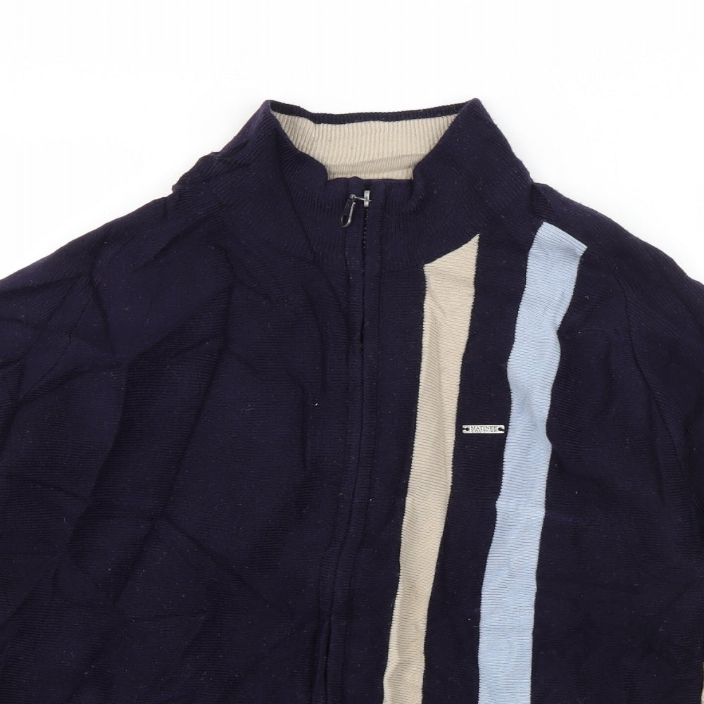 Matinee Mens Blue High Neck Striped Acrylic Full Zip Jumper Size M