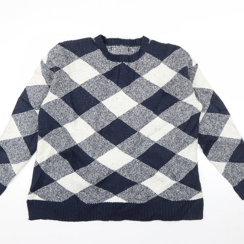 Marks and Spencer Womens Blue Crew Neck Check Acrylic Pullover Jumper Size L