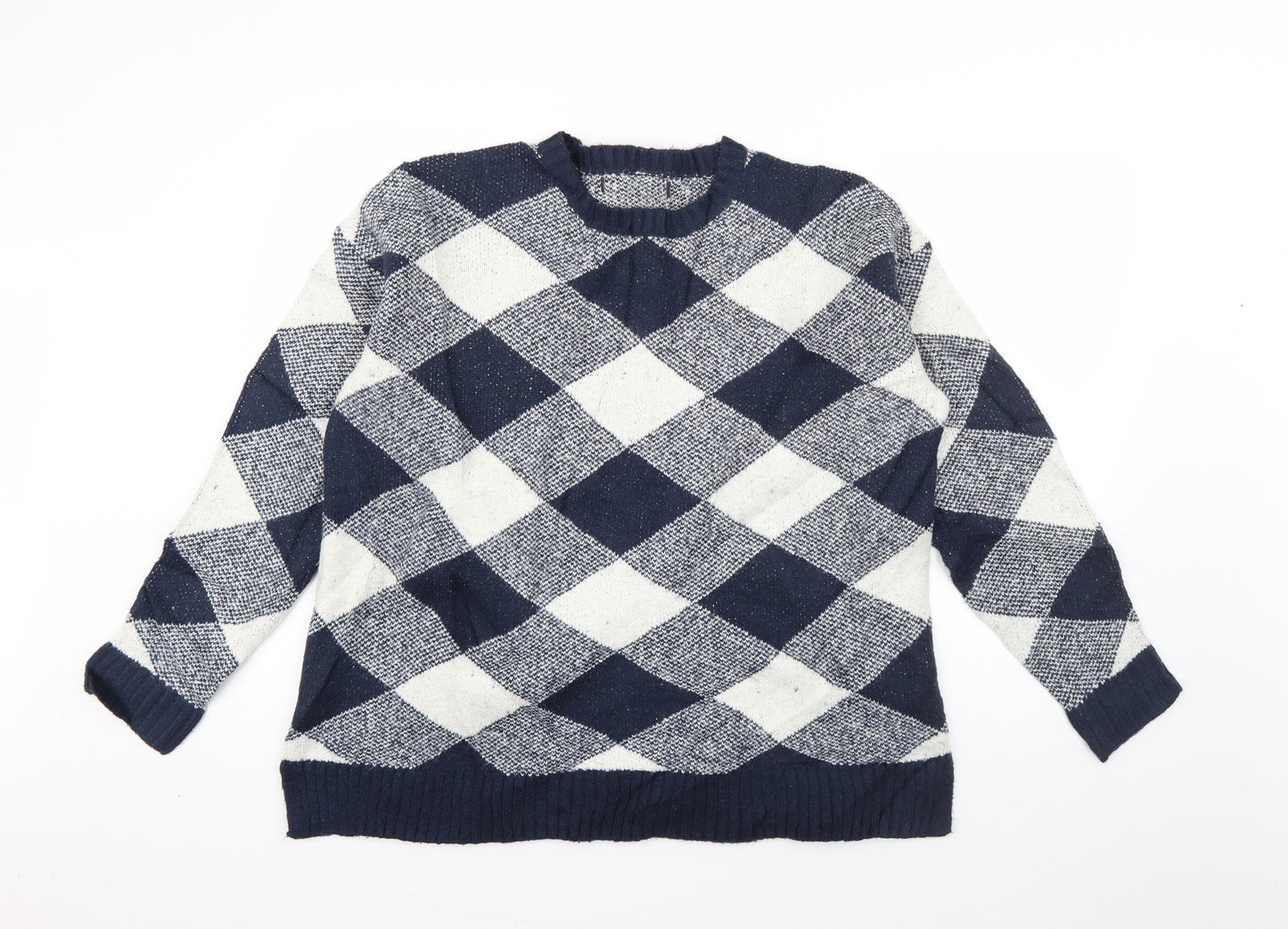 Marks and Spencer Womens Blue Crew Neck Check Acrylic Pullover Jumper Size L