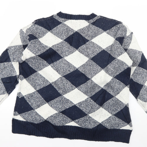 Marks and Spencer Womens Blue Crew Neck Check Acrylic Pullover Jumper Size L