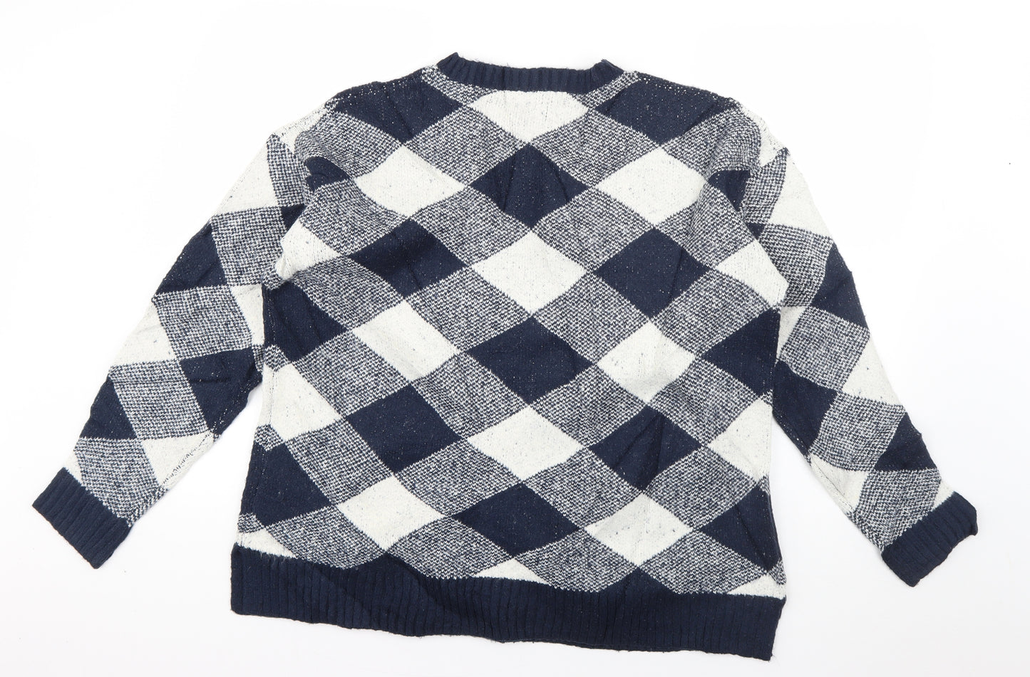 Marks and Spencer Womens Blue Crew Neck Check Acrylic Pullover Jumper Size L