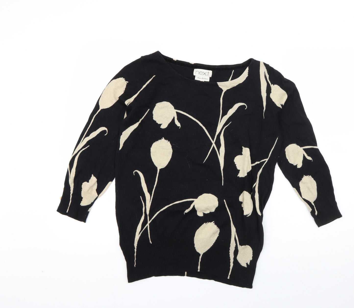 NEXT Womens Black Floral Cotton Basic T-Shirt Size 12 Boat Neck