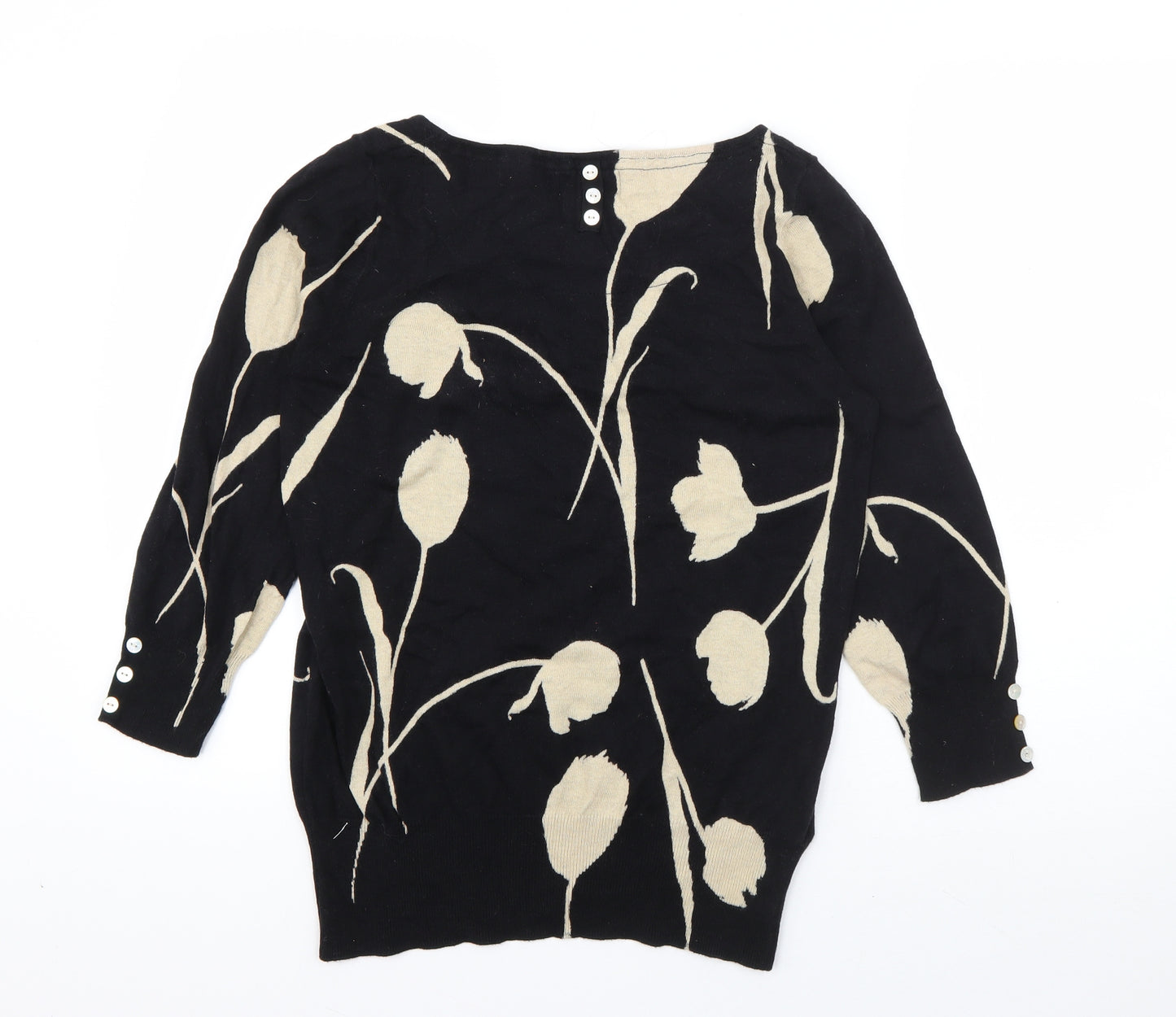 NEXT Womens Black Floral Cotton Basic T-Shirt Size 12 Boat Neck