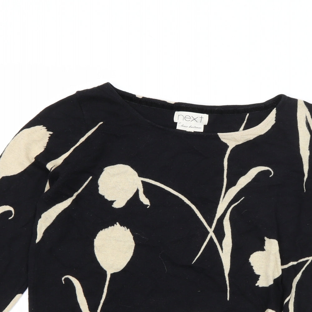NEXT Womens Black Floral Cotton Basic T-Shirt Size 12 Boat Neck