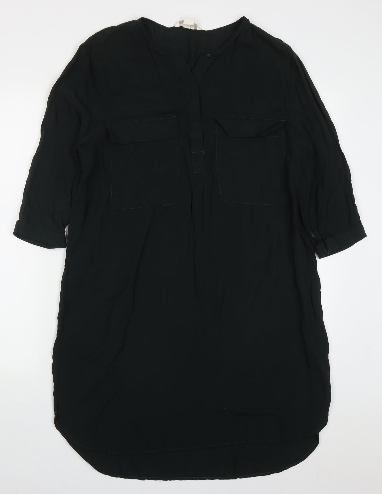 H&M Womens Green  Viscose Shirt Dress  Size 14  V-Neck Pullover