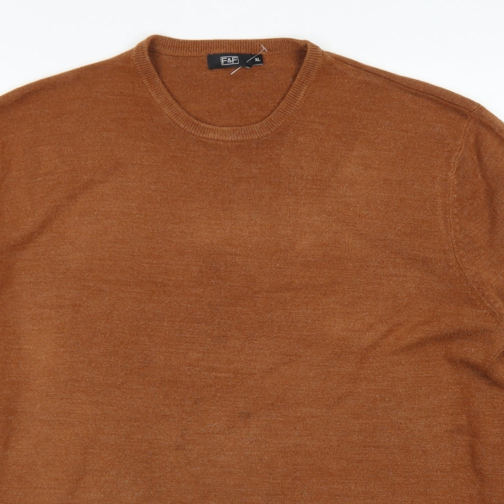 F&F Mens Brown Crew Neck  Acrylic Pullover Jumper Size XL