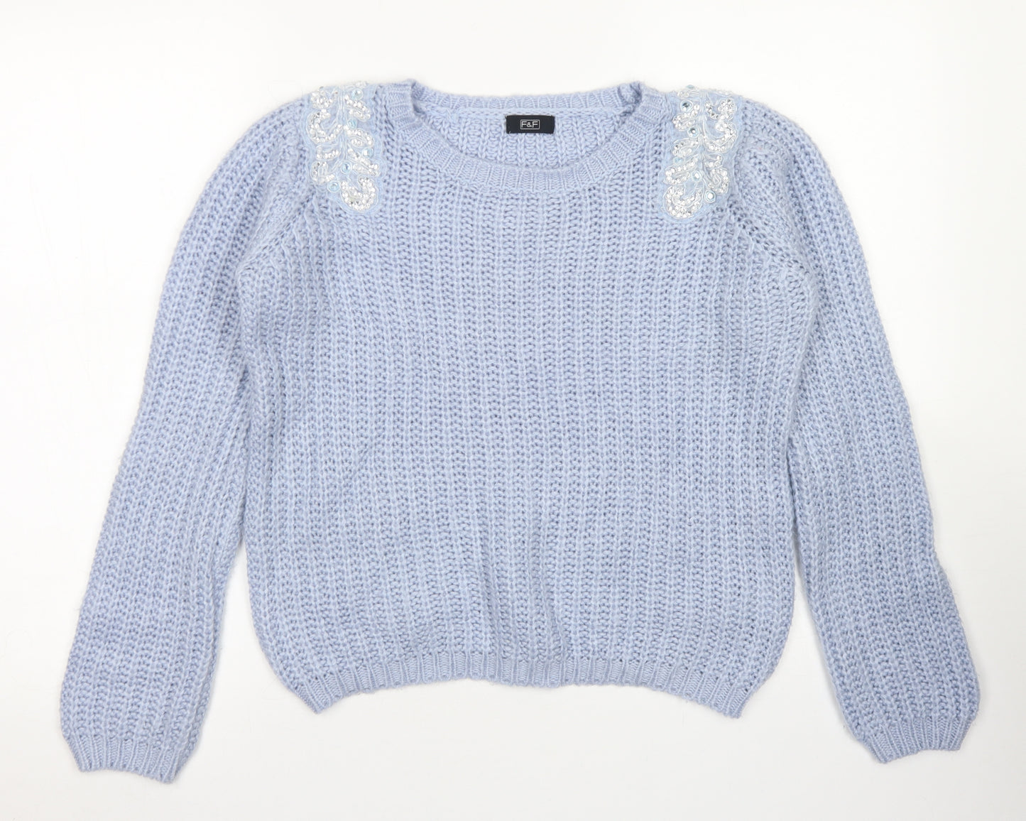 F&F Womens Blue Round Neck  Acrylic Pullover Jumper Size 10