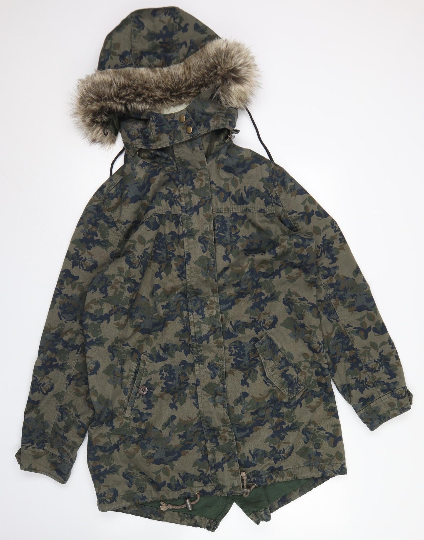 Simply Be Womens Green Floral  Parka Coat Size 14  Zip