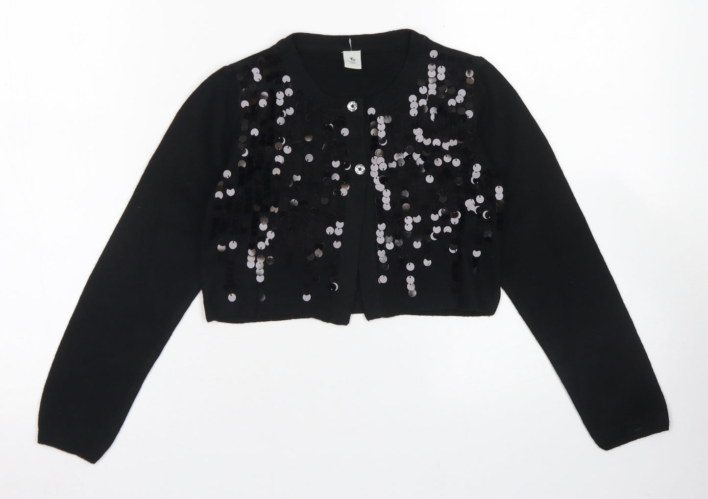 TU Girls Black Crew Neck  Acrylic Cardigan Jumper Size 8 Years  Button - Cropped