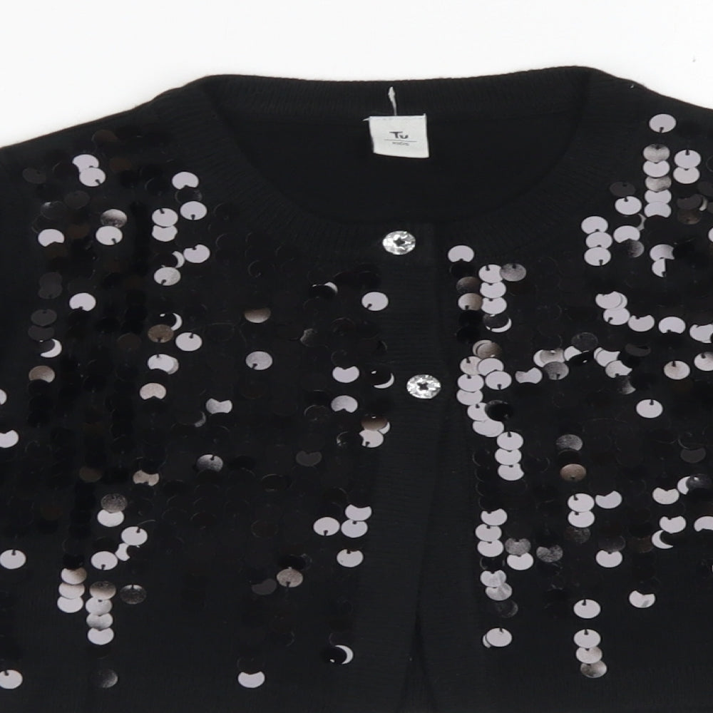 TU Girls Black Crew Neck  Acrylic Cardigan Jumper Size 8 Years  Button - Cropped