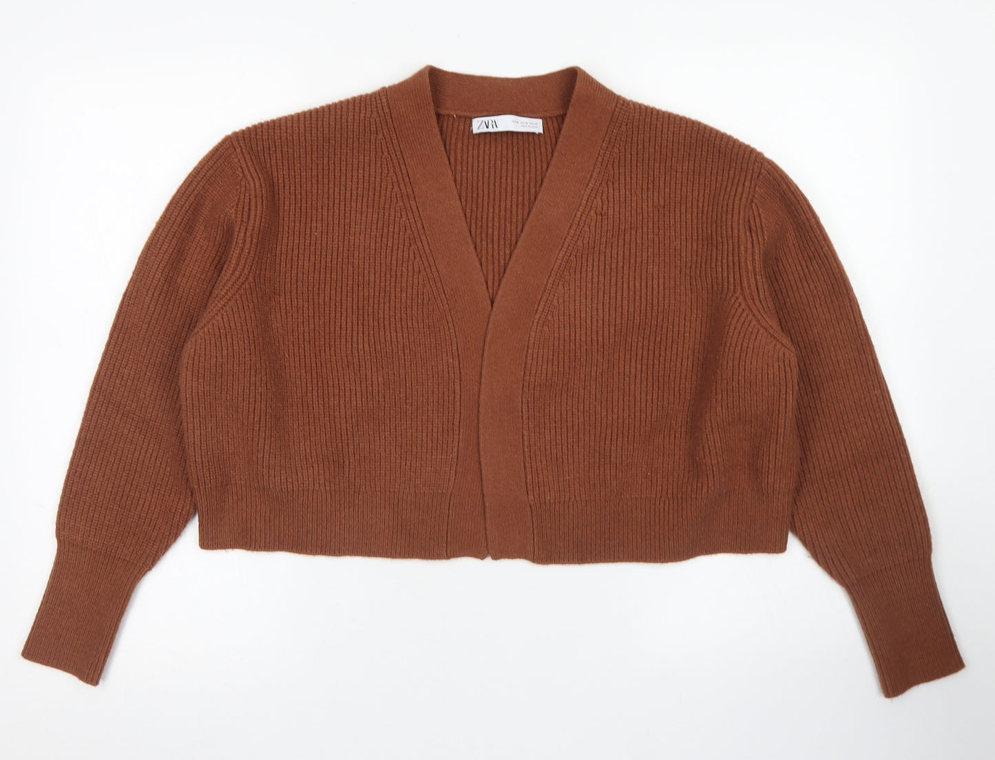 Zara Womens Brown Crew Neck  Acrylic Cardigan Jumper Size M   - cropped