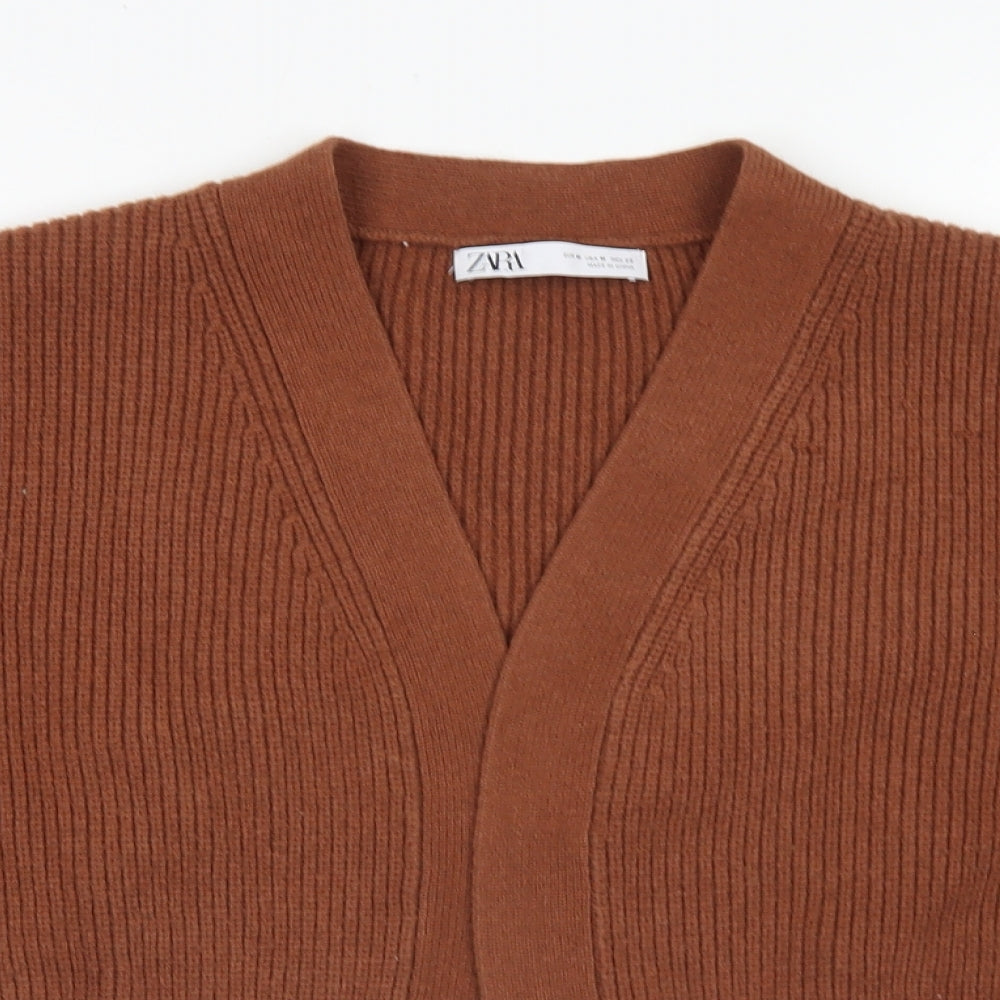 Zara Womens Brown Crew Neck  Acrylic Cardigan Jumper Size M   - cropped