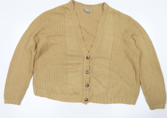 Front view of ASOS women’s brown v-neck acrylic cardigan jumper, size UK 12