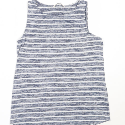 TU Womens Blue Striped Polyester Basic Tank Size 8 Round Neck