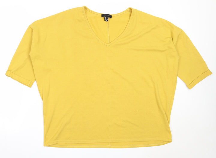 New Look Womens Yellow V-Neck Polyester Pullover Jumper Size L