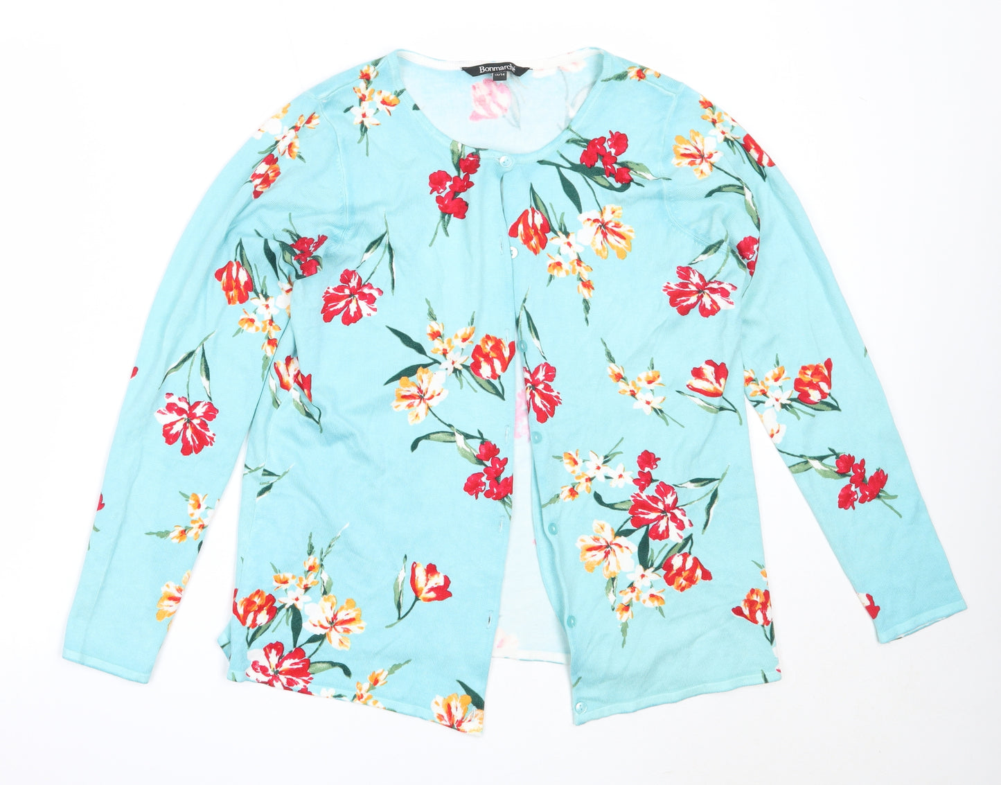 Bonmarché Womens Blue Round Neck Floral Viscose Cardigan Jumper Size 12