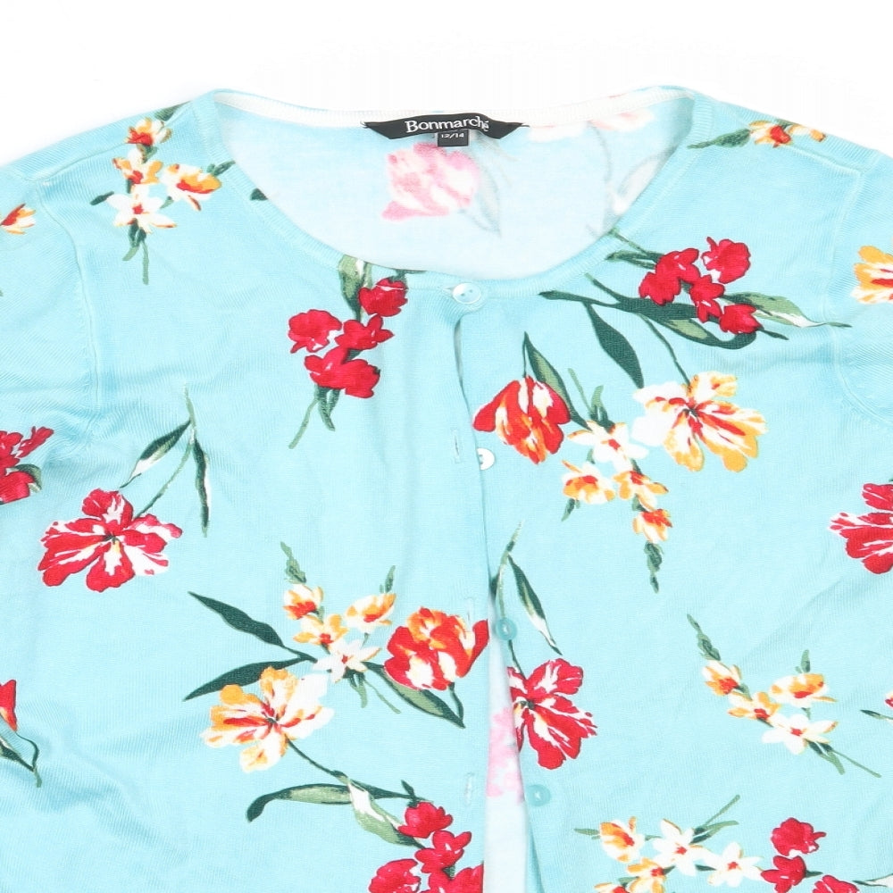 Bonmarché Womens Blue Round Neck Floral Viscose Cardigan Jumper Size 12