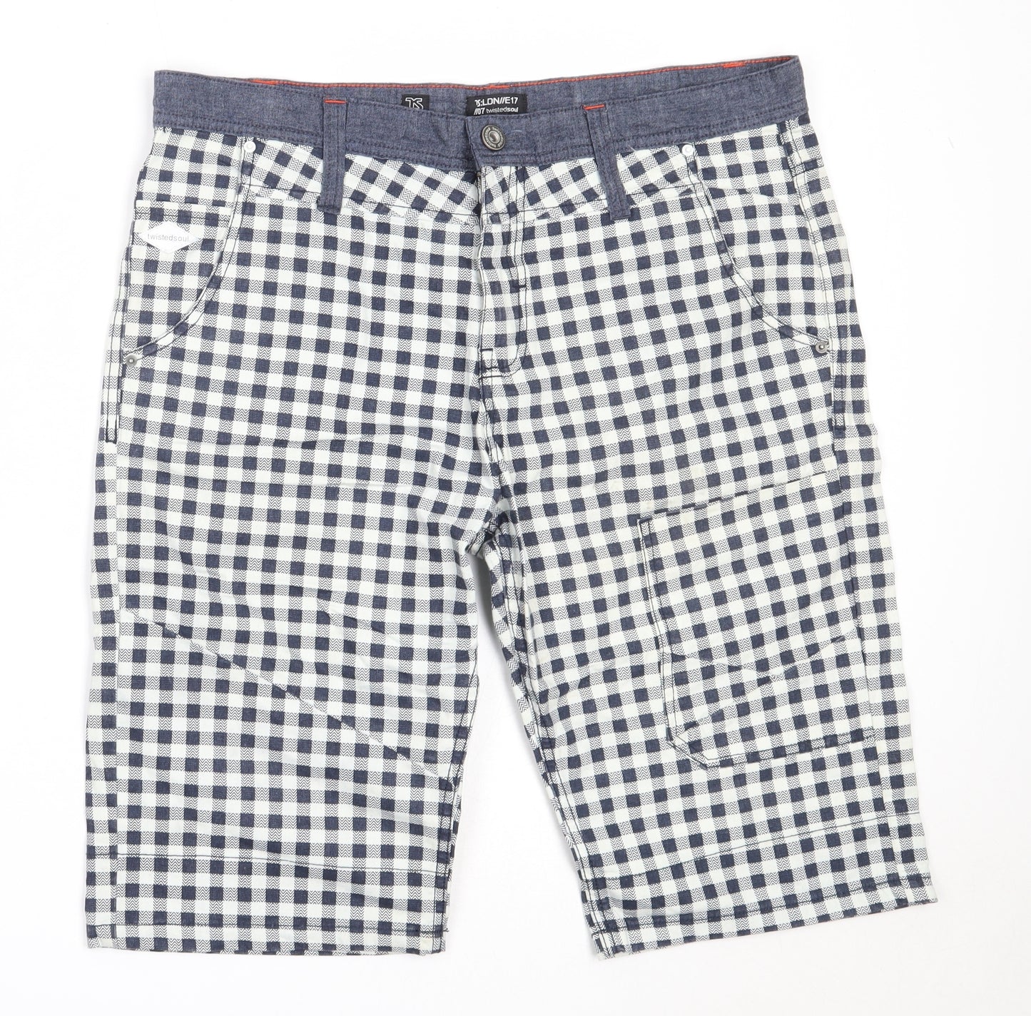Twisted Soul Mens Blue Check Cotton Bermuda Shorts Size 36 in  Regular