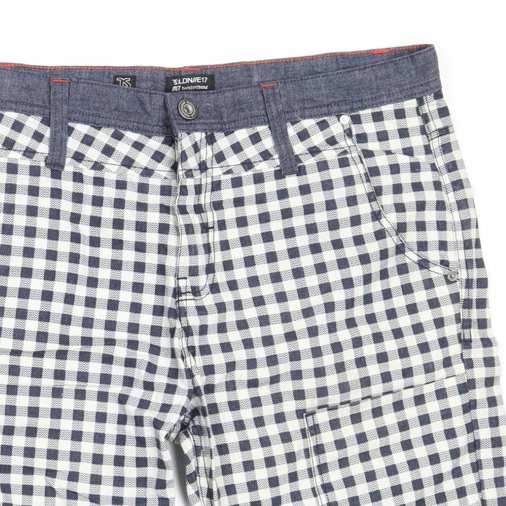 Twisted Soul Mens Blue Check Cotton Bermuda Shorts Size 36 in  Regular
