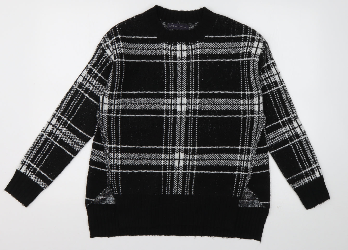 Marks and Spencer Womens Black Crew Neck Check Acrylic Pullover Jumper Size S