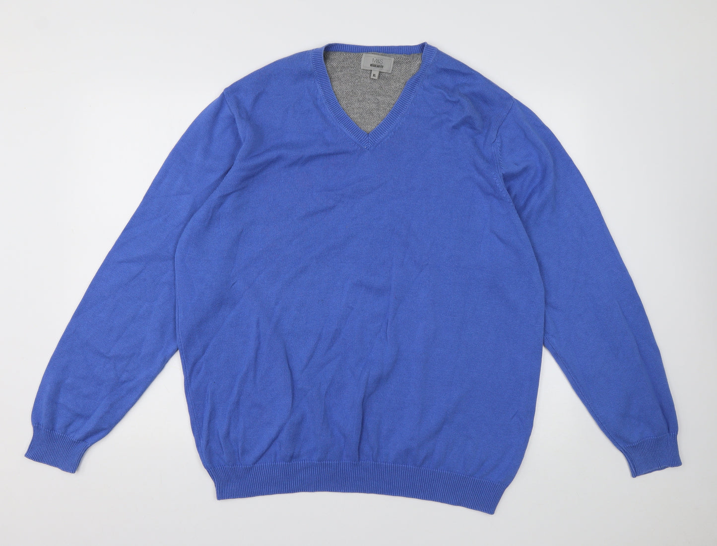 Marks and Spencer Mens Blue V-Neck  Cotton Pullover Jumper Size XL