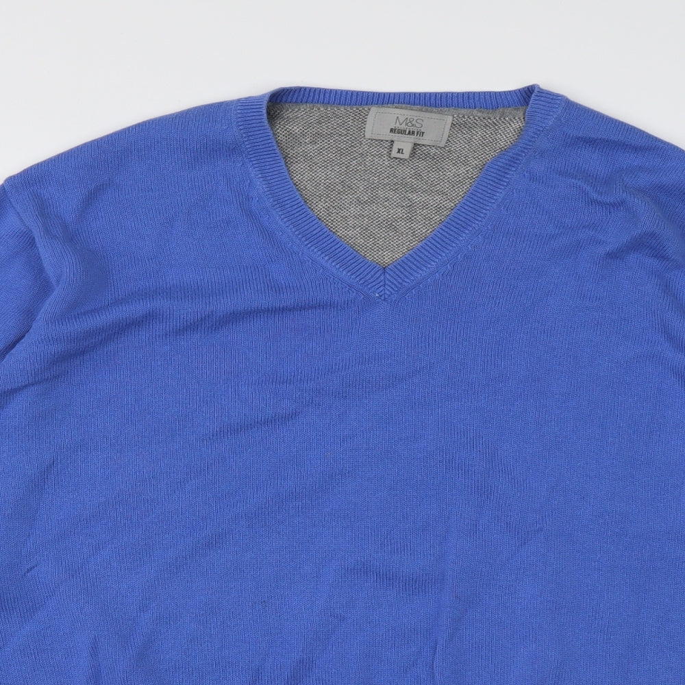 Marks and Spencer Mens Blue V-Neck  Cotton Pullover Jumper Size XL