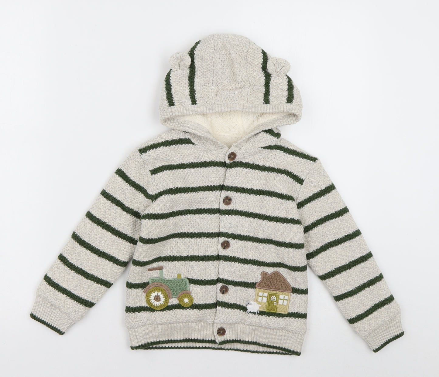 nutmge Baby Beige Striped Cotton Cardigan Jumper Size 18-24 Months  Button -  bear ears