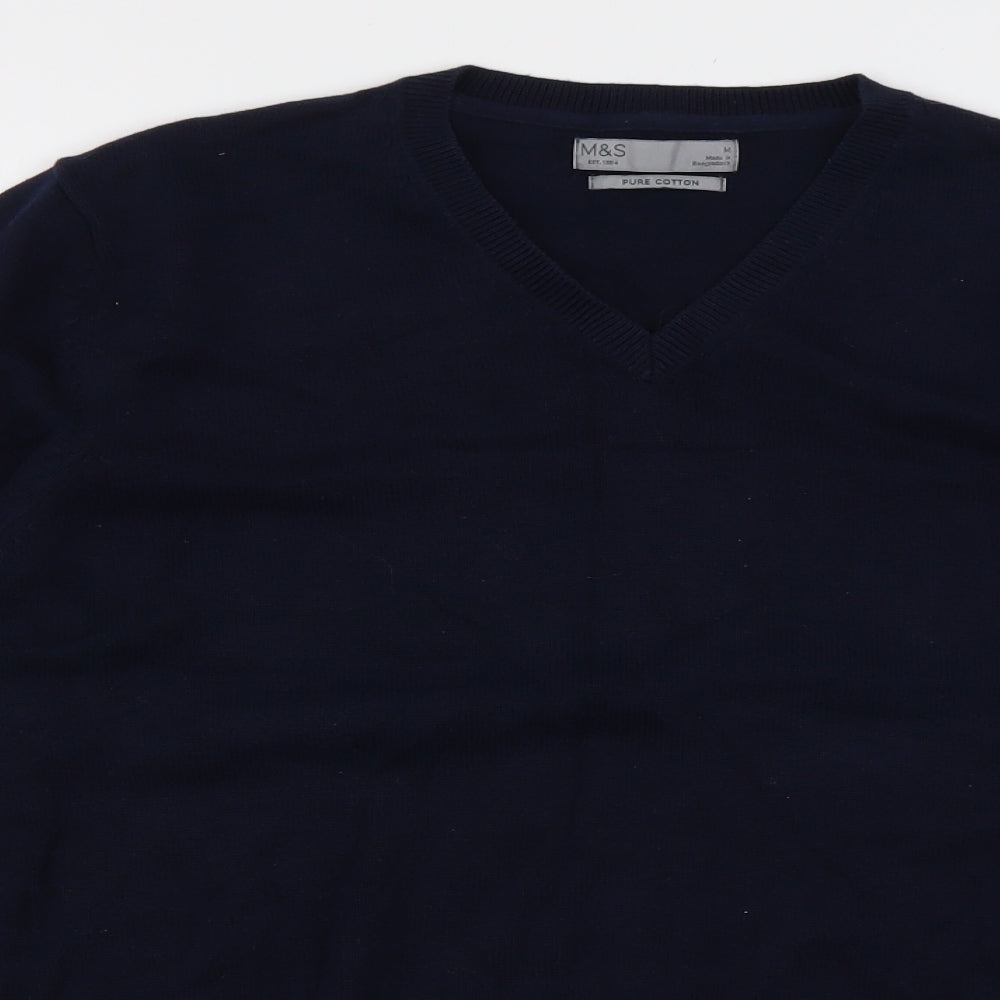 Marks and Spencer Mens Blue V-Neck  Cotton Pullover Jumper Size M