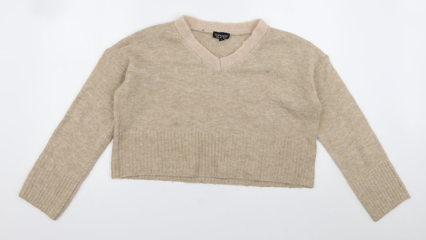 Topshop Womens Brown V-Neck  Acrylic Pullover Jumper Size 10