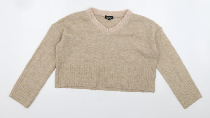 Topshop Womens Brown V-Neck  Acrylic Pullover Jumper Size 10