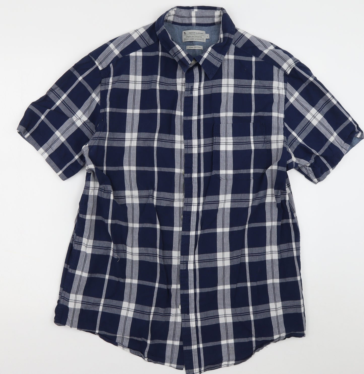 sainsburys Mens Blue Check Cotton  Button-Up Size L Collared Button