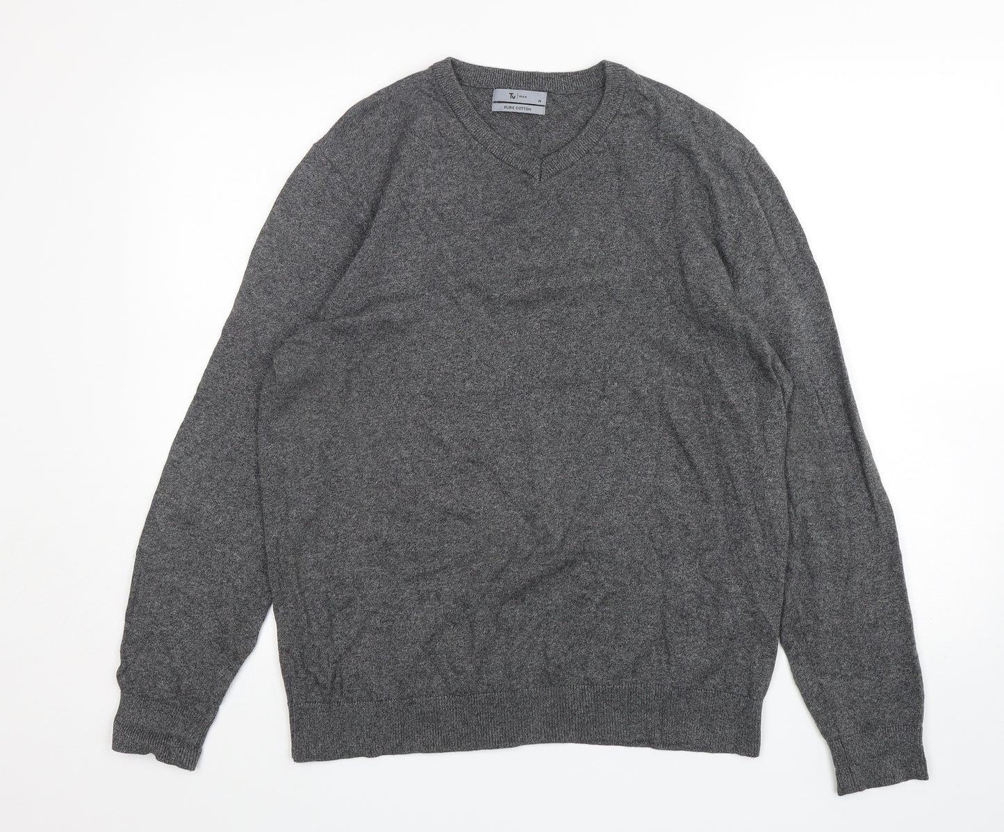 TU Mens Grey V-Neck  Cotton Pullover Jumper Size M